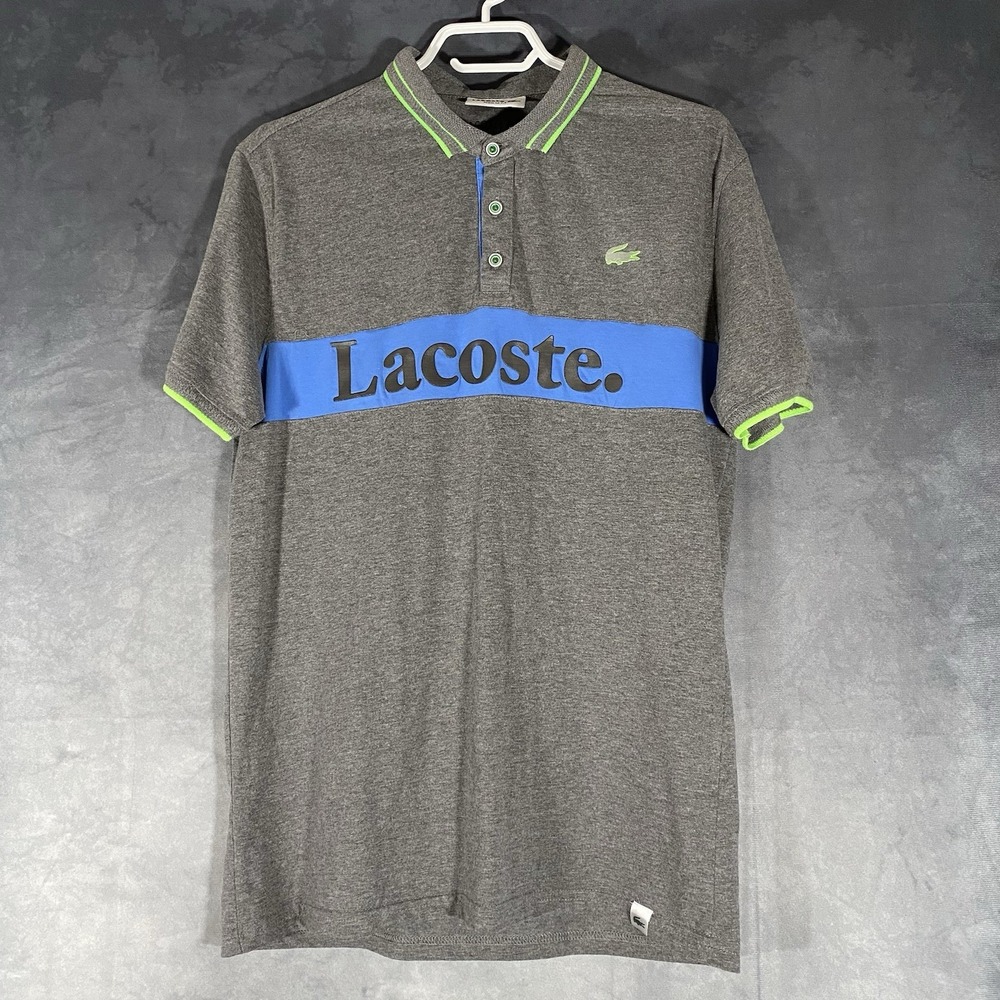 Lacoste Sport Kids Polo Shirt Gray Blue Lime Green Logo‎ Regular Fit US XXL